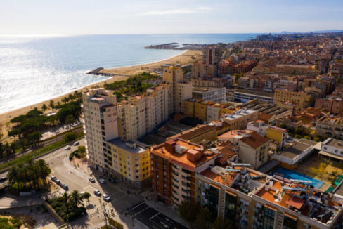 Aerial view of Mataro with buildings and coast line in the Spain